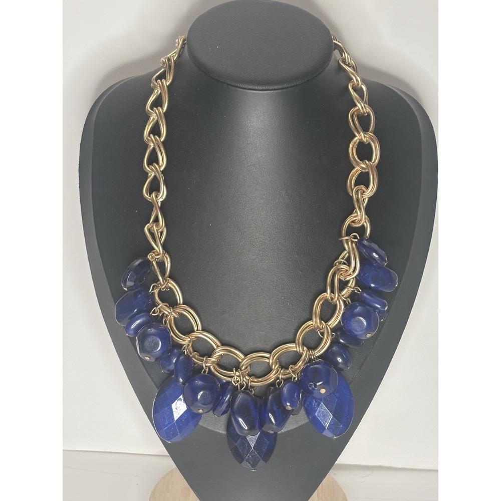 Vintage Chunky Acrylic Bead Cluster Bib Necklace Gold Tone Blue 21"